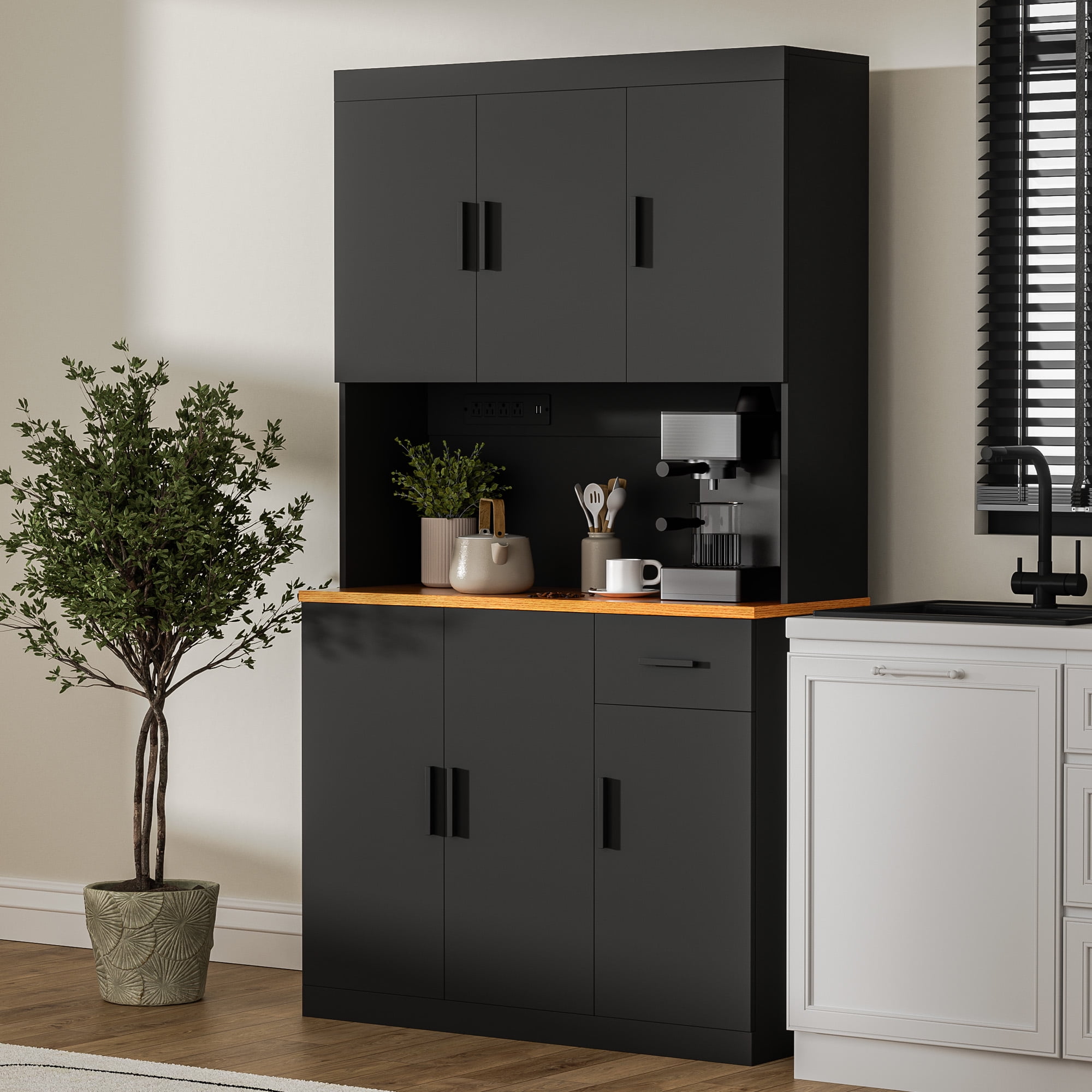 DIYART Black Kitchen Pantry Cabinet, 71" Tall Kitchen Storage Cabinet with 6 doors and Power Outlet
