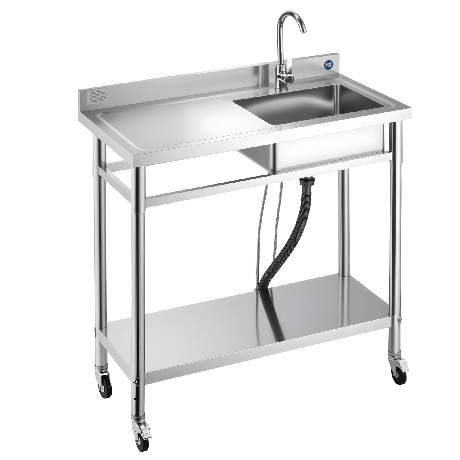 KFFKFF Utility Sink with Wheels Single Bowl Commercial Kitchen Sink Faucet Hot Cold Water SUS201 Stainless Steel Brushed Finish Adjustable Shelf