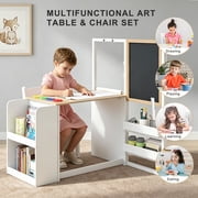 Jolie Vallee 3 in 1 Kids Art Table and Chair Set, Easel Table for Kids, Toddler Craft and Play Wood Activity Desk with Adjustable Height Double-Sided Magnetic Easel, Paper Roll, Book Shelves