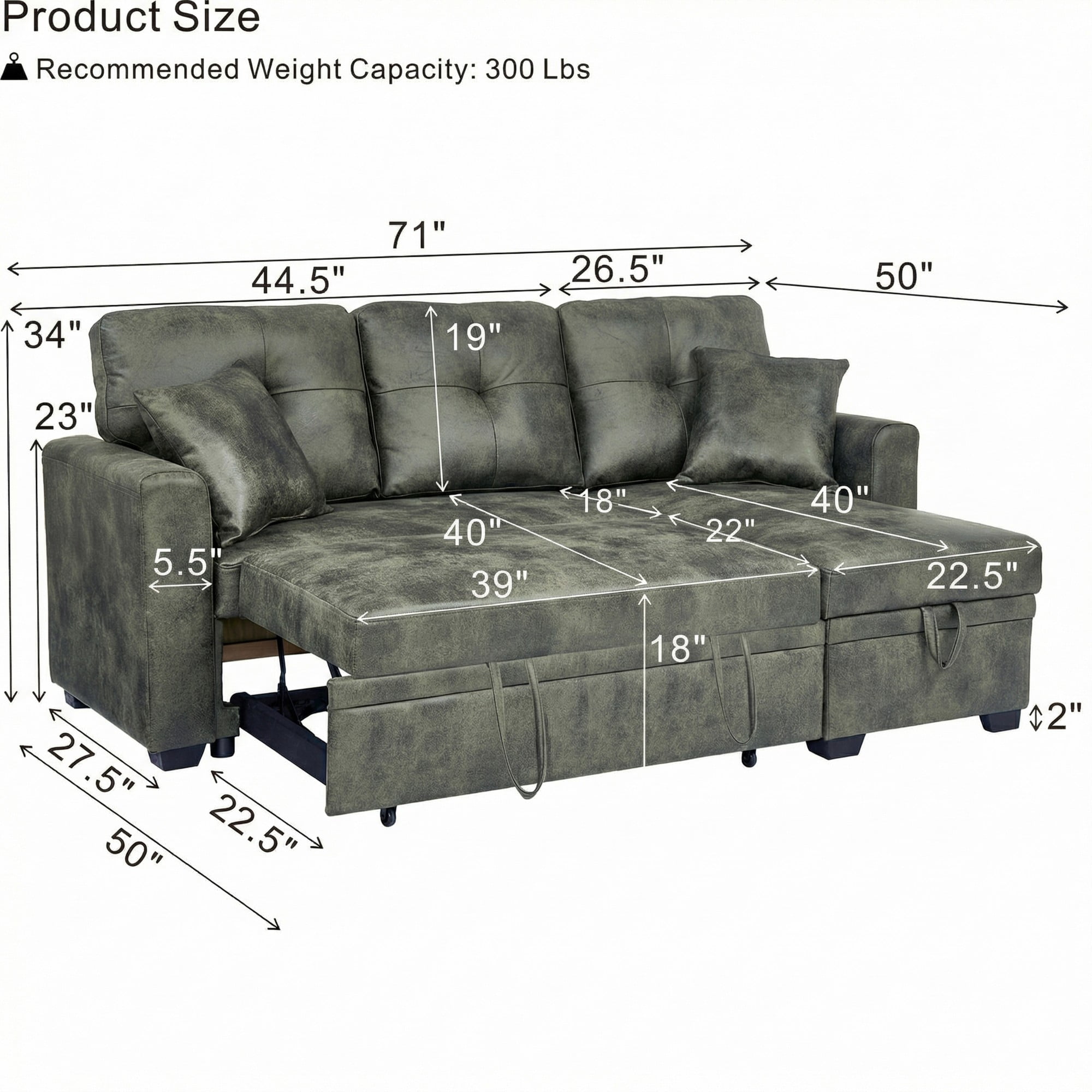 BSHTI 71" Polyester L-Shaped Pull-Out Sleeper Sofa Bed with Reversible Chaise, Hidden Storage for Living Room（Olive Green）