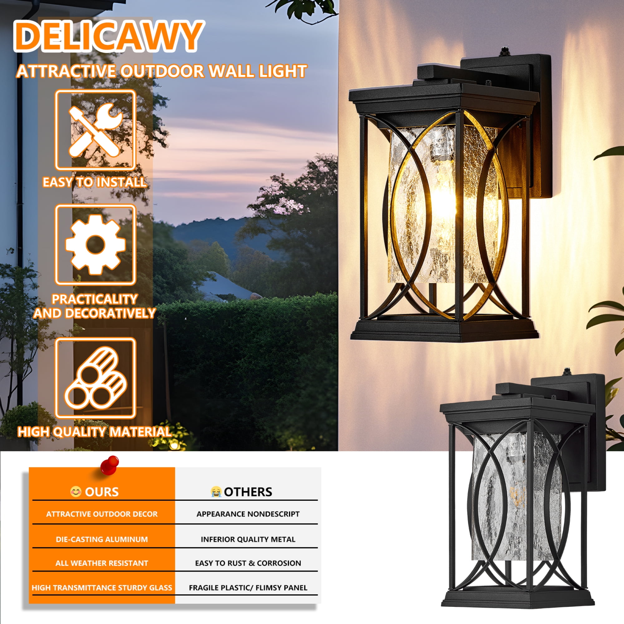 Leumius Dusk to Dawn Outdoor Wall Lantern Small Modern Exterior Light Fixture Aluminum with Crack-Like Glass Waterproof Outdoor Sconce Outside Light for House, Front Door