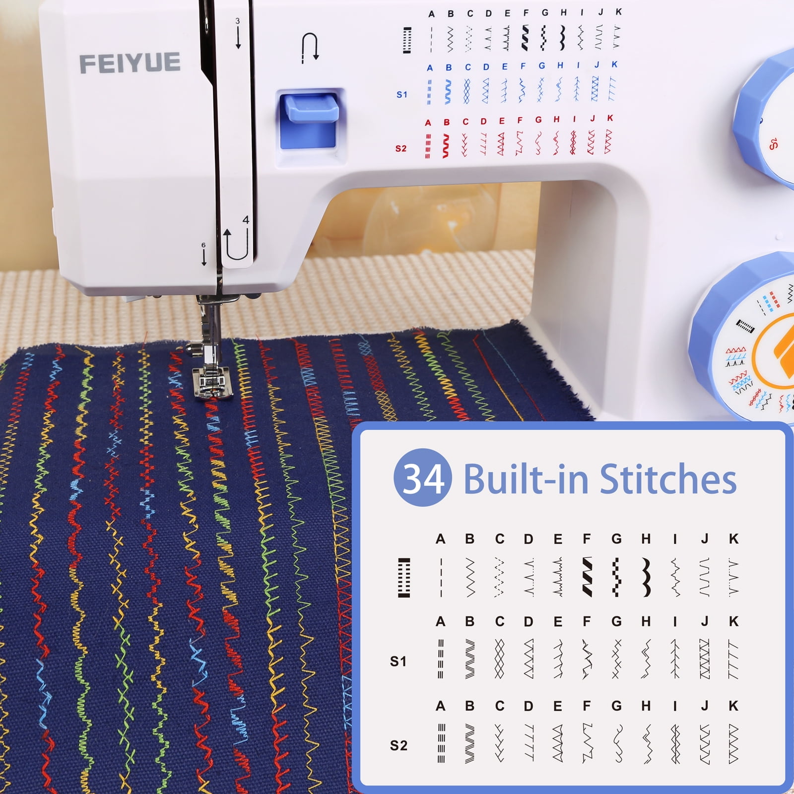 FEIYUE FYe370 Sewing Machine with Multiple Needle Positions, Energy Saving Servo Motor, Heavy Duty & Portable, 34 Built-in Stitches, Speed Control, Easy to Use, Great for Beginners