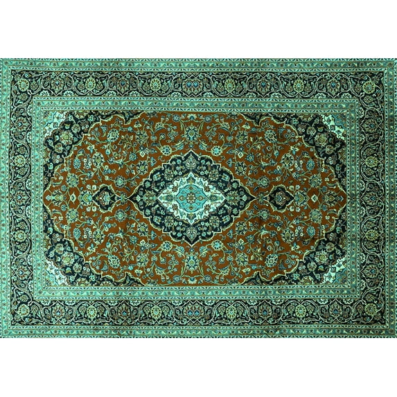 Ahgly Company Machine Washable Indoor Rectangle Medallion Turquoise Blue Traditional Area Rugs, 4' x 6'