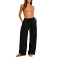 thumbnail image 2 of Dxzfnsa Wide Leg Pants for Women Womens Casual Linen Solid Color Pants Drawstring Elastic Waist Long Trousers Lounge Beach Trousers with Pockets, 2 of 9