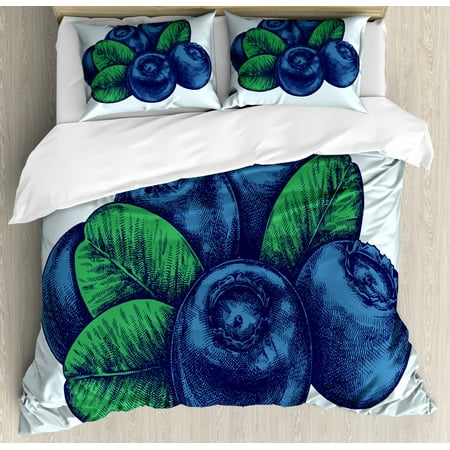 Vintage Blue Queen Size Duvet Cover Set Retro Style Hand Drawn