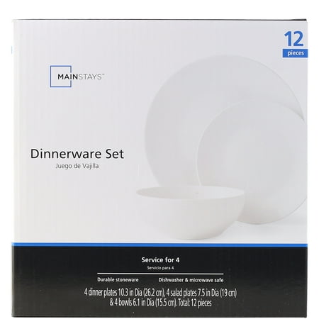 Mainstays Glazed White Stoneware Dinnerware Set, 12-Pieces