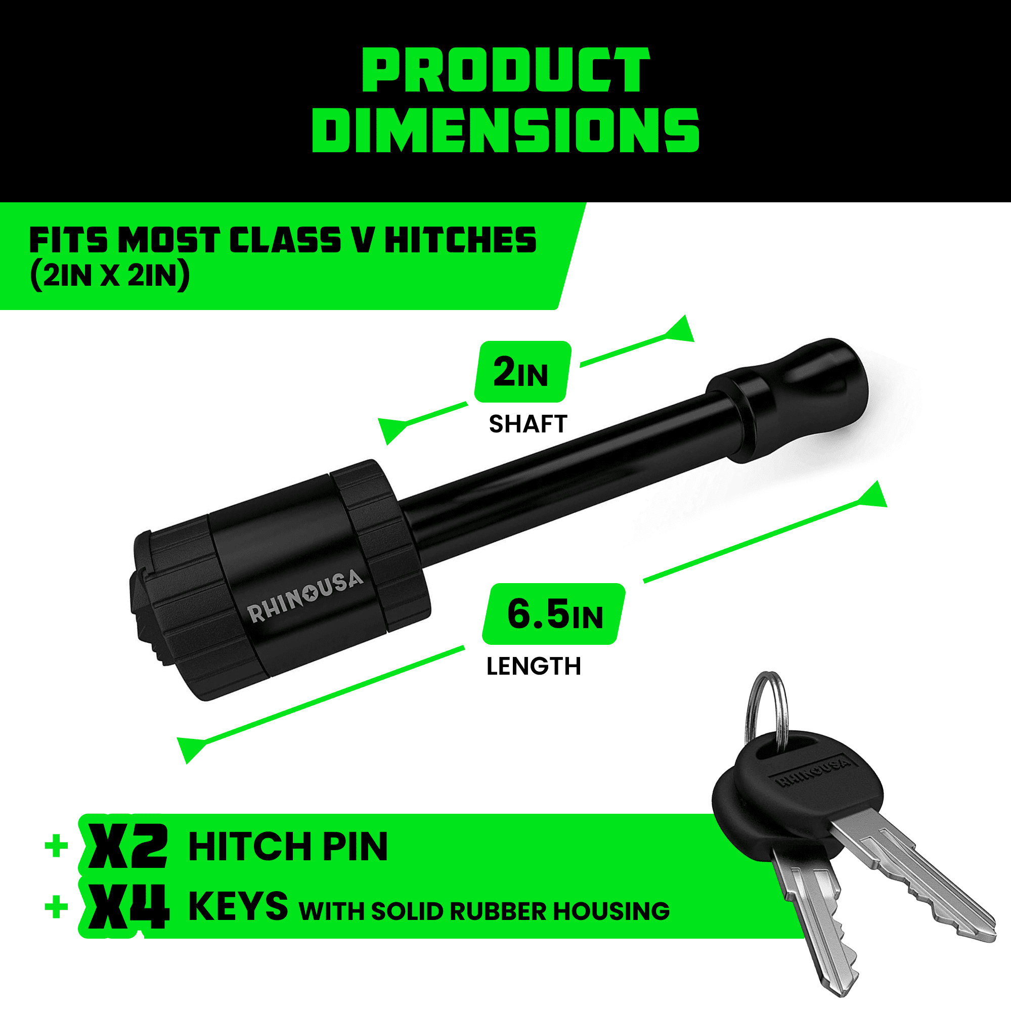 Rhino USA 2” Trailer Hitch Pin – Patented Locking Receiver Pin for Class III/IV Hitches – Weatherproof, Anti-Theft, Debris-Protected – Tow Truck Ready – BLK 2PK Keyed-Alike
