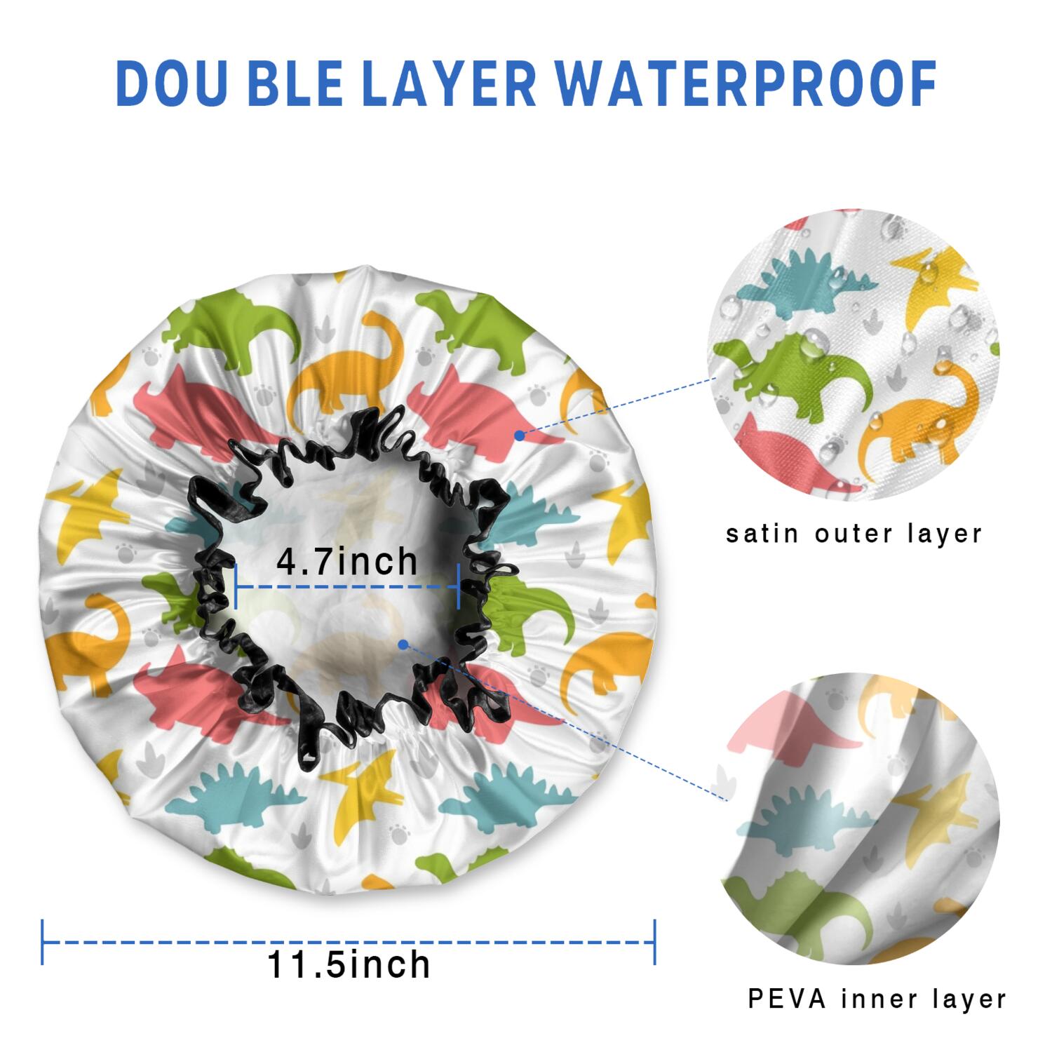 Shower Caps,Colorful Dinosaurs DiverseSilhouettes Pattern Waterproof Shower Cap for Women 4 Pieces,Double Reusable Hair Cover for Shower PEVA Elastic Stretch Hem