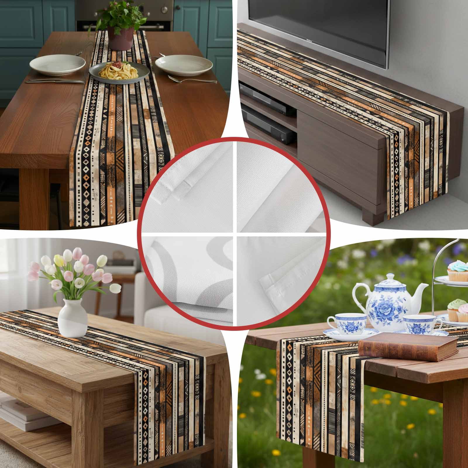 Abstract Ethnic Geometric Stripes Table Runner 90 Inches Long, Boho Tribal Totem Lines Table Runners Tabletop Scarf Kitchen Dining Tables Decoration for Home Party Indoor Outdoor