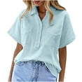 thumbnail image 1 of Yuyuzo Cotton Linen Tops for Women Oversized Short Sleeve Basic T Shirts V Neck Button Collared Blouses, 1 of 6