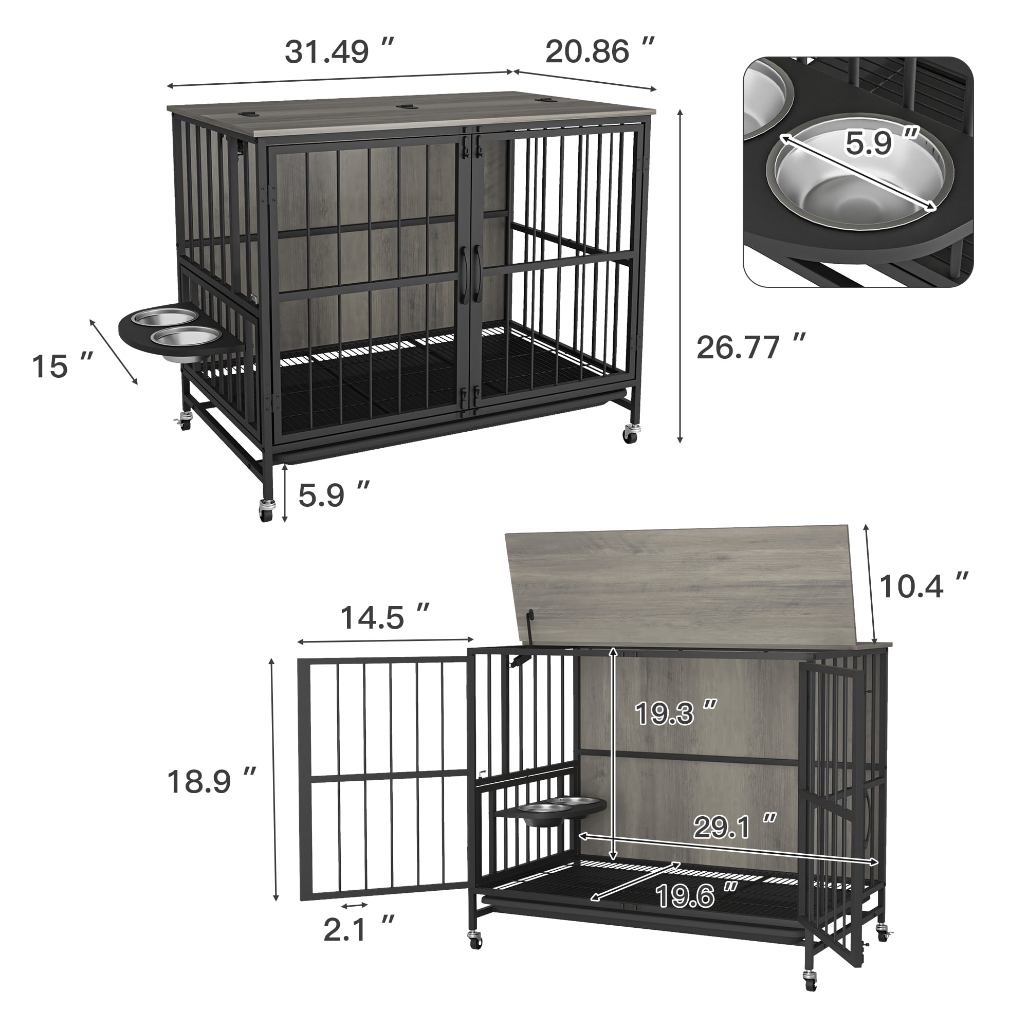 Pefilos 31" Dog Crate with Feeding Bowl, Wheels, Flip-Up Top Opening Kennel with Trays, Furniture Style Dog Cage for Indoor Dogs, Gray Pefilos 31" Dog Crate with Feeding Bowl, Wheels, Flip-Up Top Opening Kennel with Trays, Furniture Style Dog Cage for Indoor Dogs, Gray