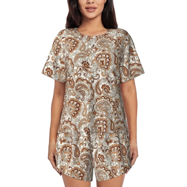 Disketp Pyjama Indien Paisley1 pour 2 Pcs Shorts Vêtements de Nuit Ensemble de Pyjama à Manches Courtes pour Femmes Col Rond Pjs-Petit