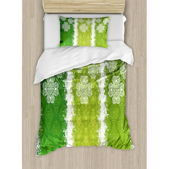 Irish Duvet Cover Set Twin Size, Aged Vintage Antique Figures on Green Toned Color Bands Celtic Historic Lace Image, Decorative 2 Piece Bedding Set with 1 Pillow Sham, Multicolor, by Ambesonne