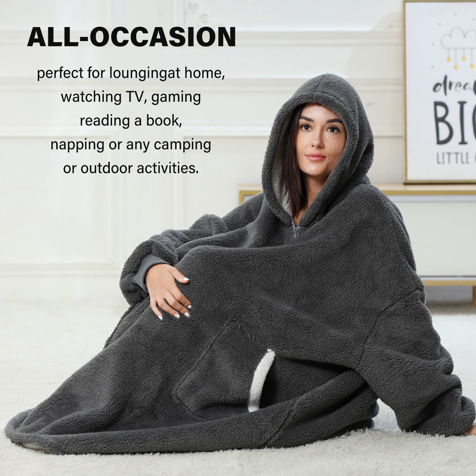 LONGHUSHAN Wearable Blanket Oversized Blanket Hoodie for Women Men , Soft Comfy Warm Sherpa Fleece Sweatshirt with Zipper and Deep Pockets, Winter Gifts Girlfriend Mom - Gray