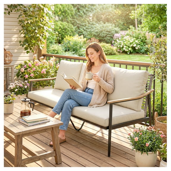 3 Seater Outdoor Patio Sofa, Wicker Couch with Wood-Effect Arms, Khaki Cushions, Garden Furniture for Yard, Porch, Deck