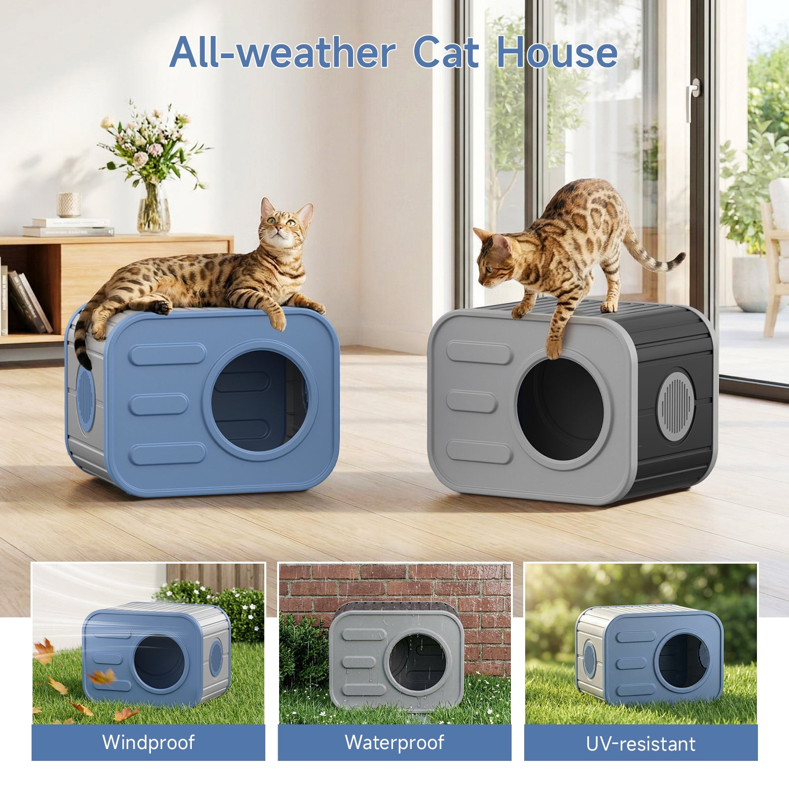 Dovov Cat House, Weatherproof Cat Shelter Camera-Shaped Cat Cage for Indoor & Outdoor Cats, Dual Ventilation Windows Cattery, Blue Gray