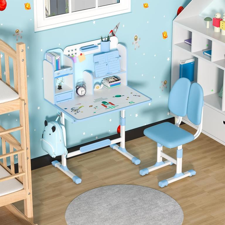 YNCE Kids Desk and Chair Set, Height Adjustable Toddler Desk and Chair Set, Children Study Table Chair Set with Sitting Corrector, Kids Art Desk with Storage and Drawers for Bedroom Reading (Blue #1)
