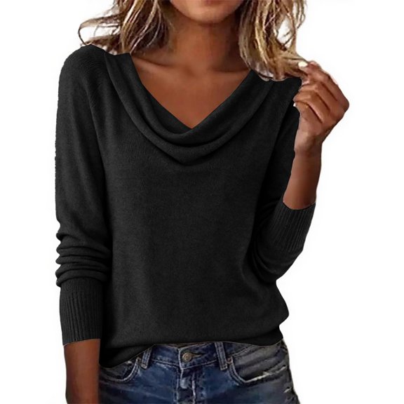 Wutalume Women's Knit Tops - Cowl Neck Long Sleeve Solid Sweater, Casual Pullover Blouse for Everyday Elegant Wear,Black L