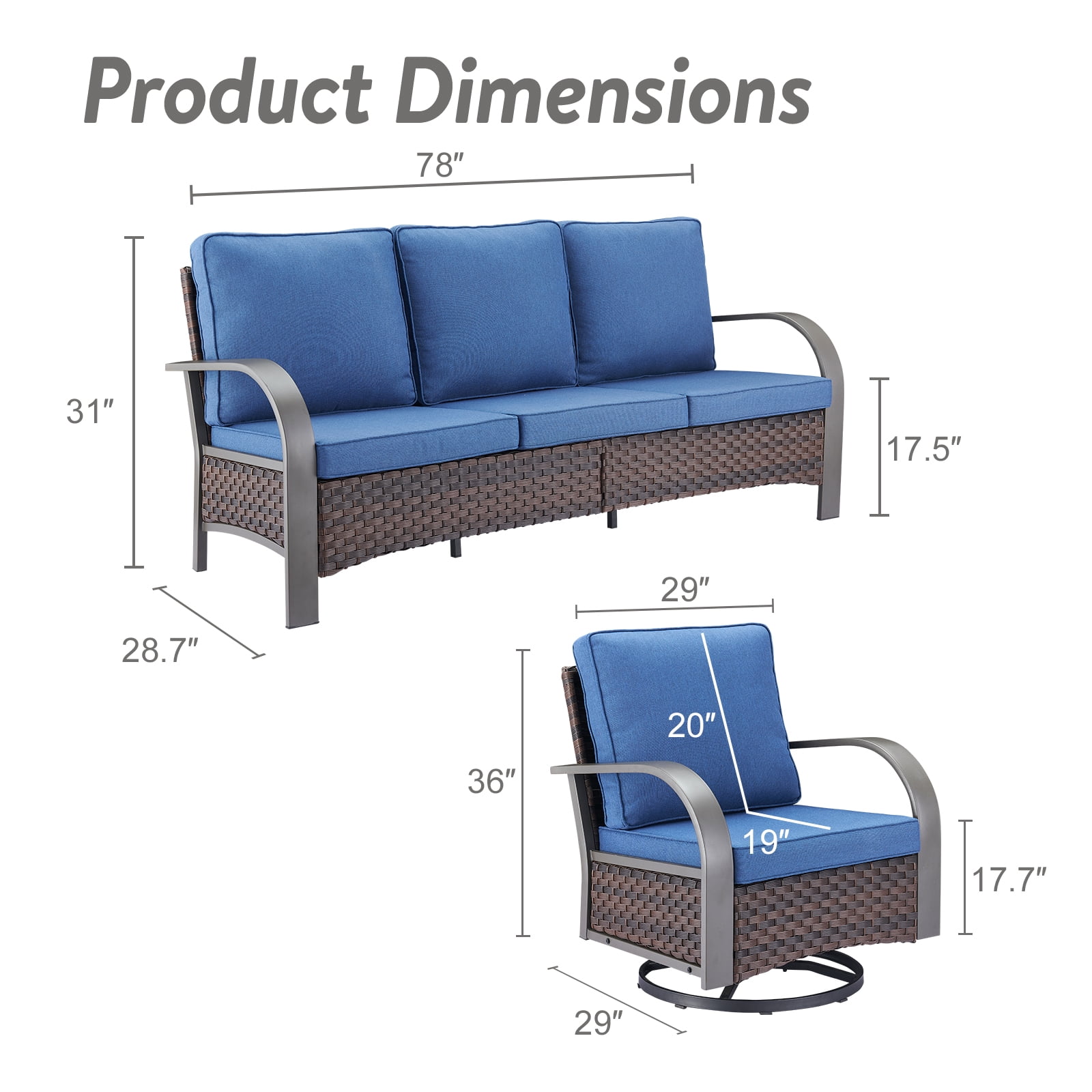 OPOHORO 3-Piece Outdoor Conversation Sets with Wicker Sofa and Swivel Rocking Chair