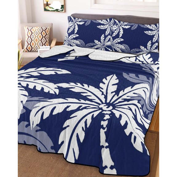 Full Quilt Bedding Set Summer Coconut Tree Dark Blue Summer Quilt Lightweight Quilted Coverlet with 2 Pillow Shams, Abstract Style 3-Piece Bedspread Quilt Set for All Season