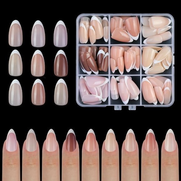 9 Colors French Gel Nail Tips Pre-applied Base Coat & Tip Primer Pre-made French Nails Soft Gel Tips 15 Sizes Fake Nails False Nail Tips for Nail Art DIY