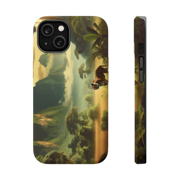 DistinctInk Tough Case for Apple iPhone 15 (6.1" Screen), Compatible with MagSafe Charging - "A Majestic Tiger Roams the Enchanting Jungle Paradise"