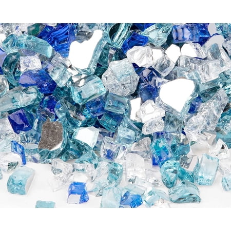 20 lbs Reflective Fire Glass Rocks for Propane Fire Pit, 1/2-Inch Size, Cobalt Blue, Caribbean Blue, and Platinum Blend