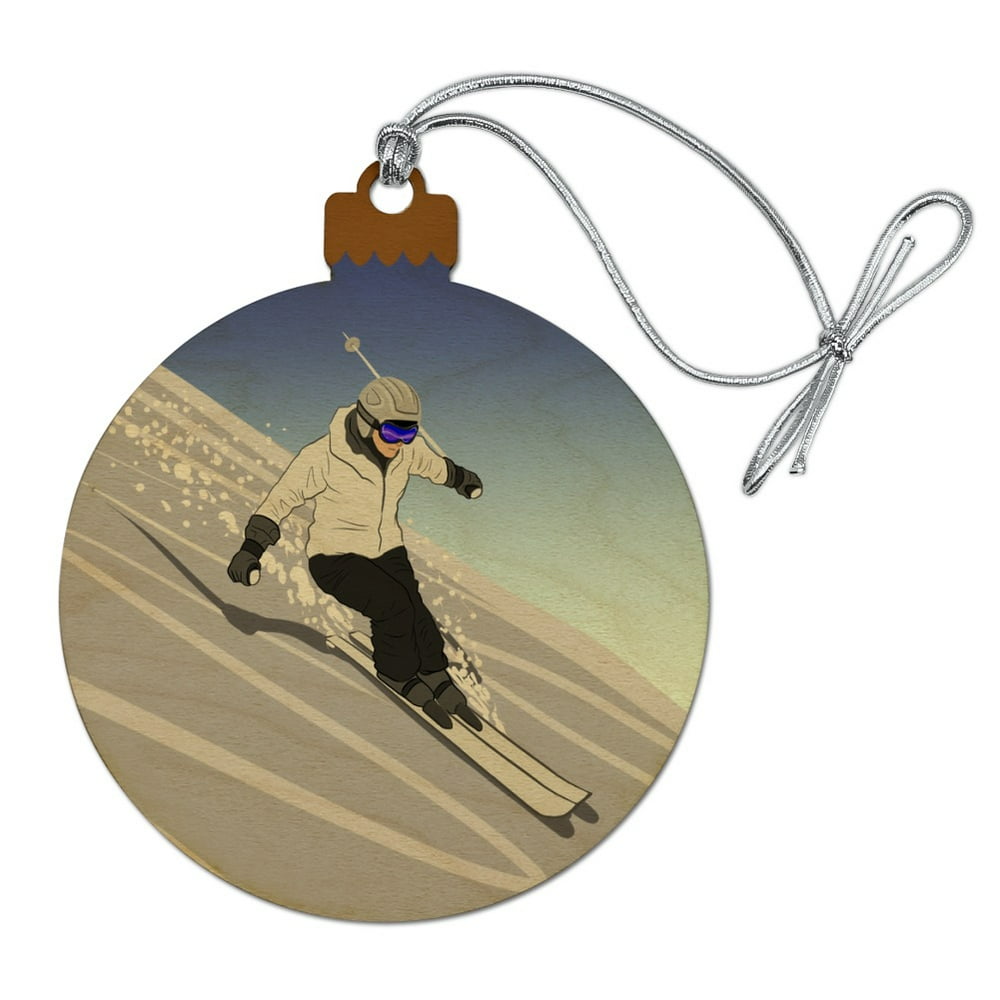 Skiing Down Mountain Skier Snow Skis Wood Christmas Tree Holiday
