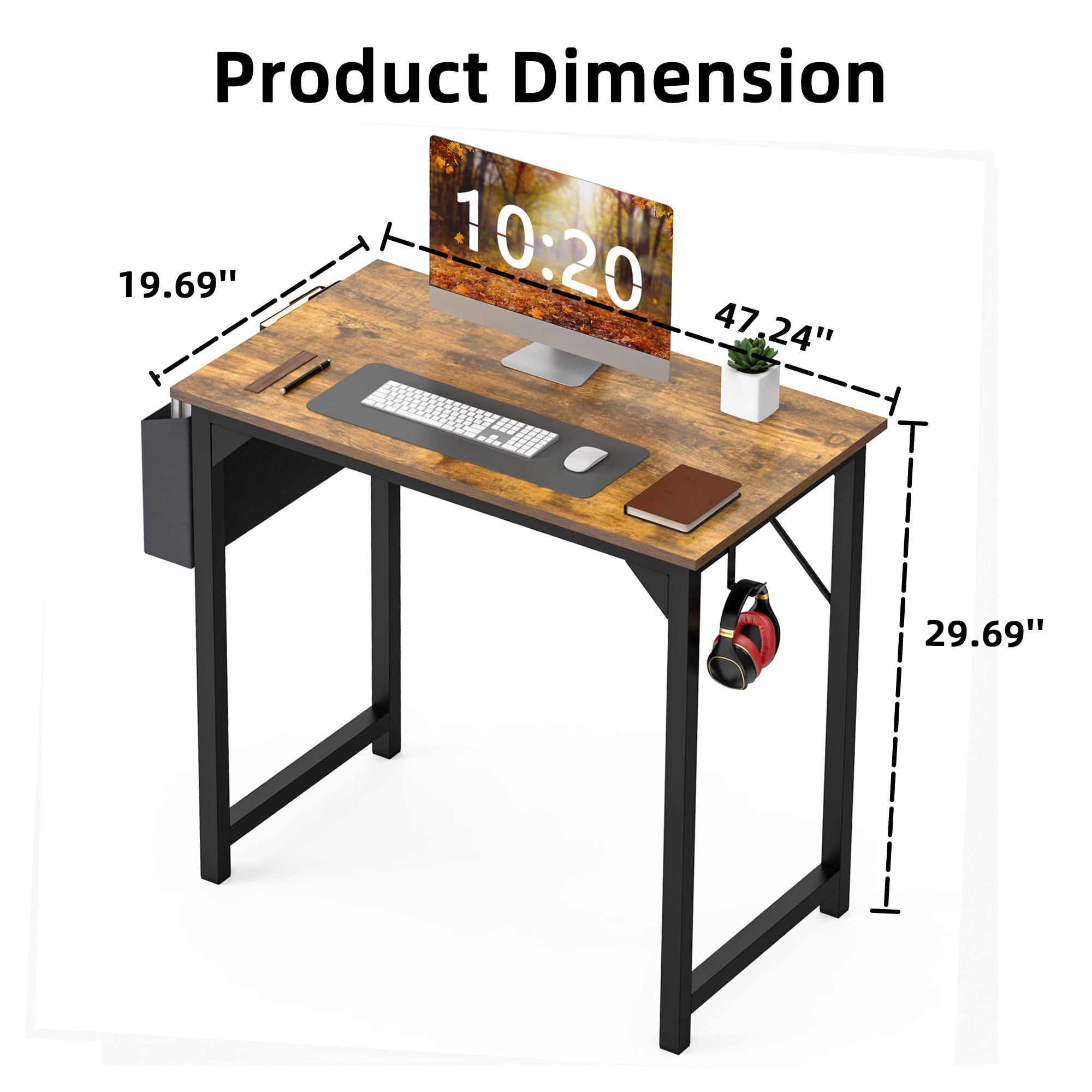 MAYEERTY Office Computer Desk, Fabric Storage Bag, Sturdy Steel Frame & Wooden Tabletop