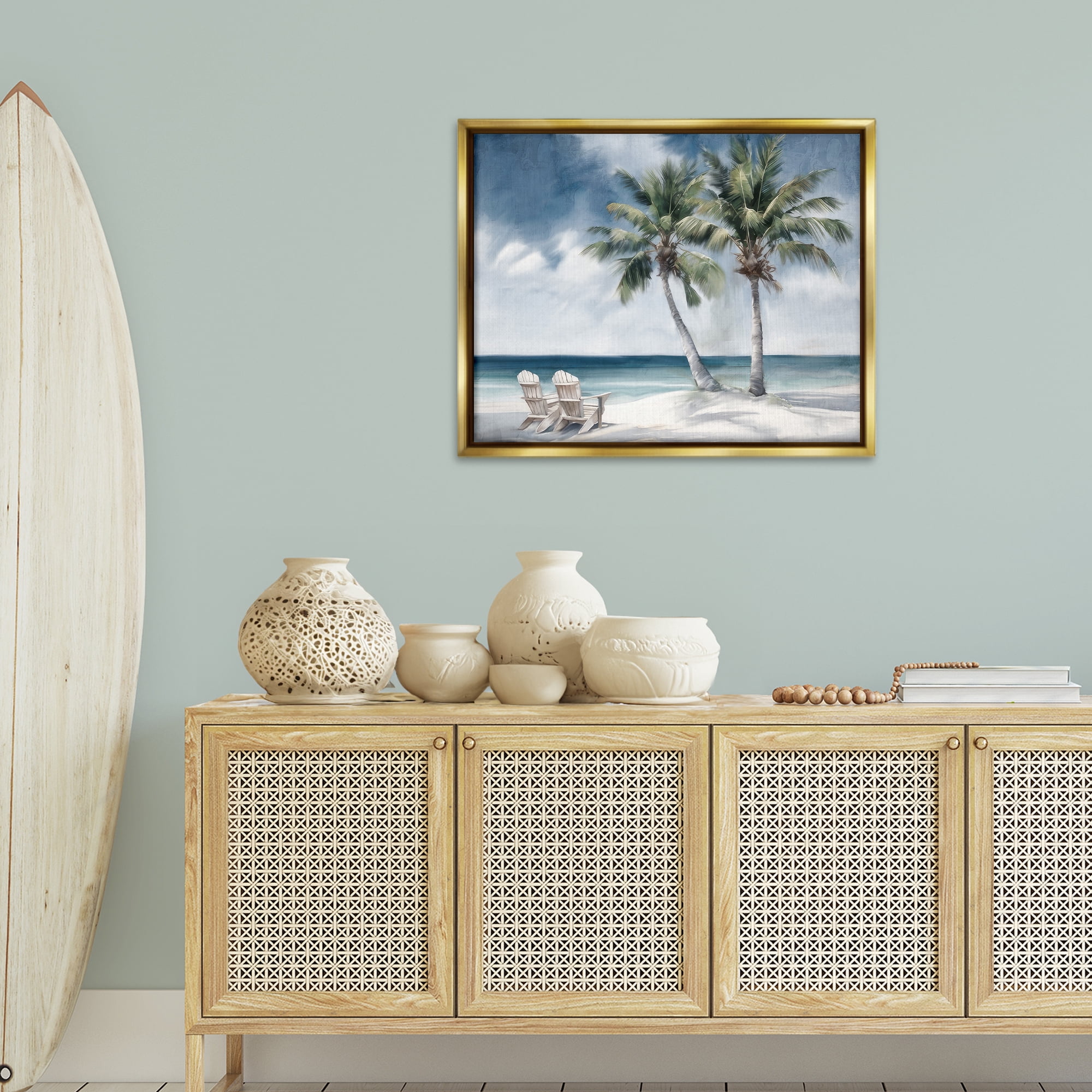 Stupell Industries Peaceful Tropical Landscape Coastal Painting Gold Floater Framed Canvas Art Print Wall Art, 31 x 25
