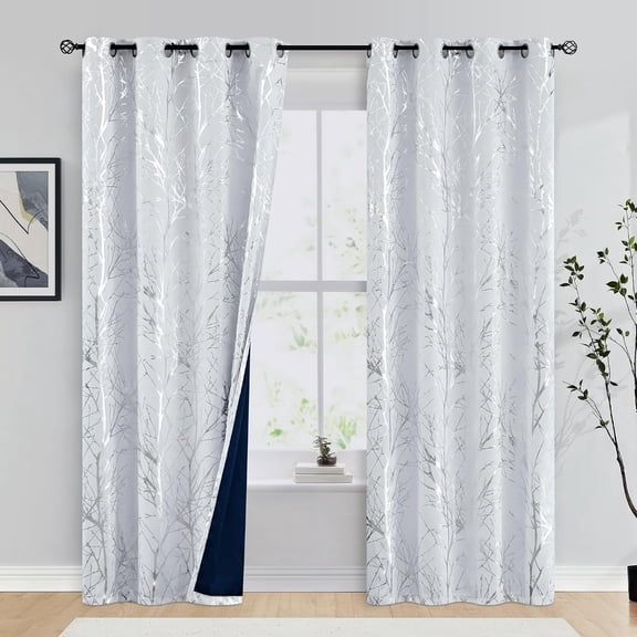 2 Panels Blackout Curtains 84 Inch Length, Metallic Gold Tree Branch Foil Print Black Window Drapes, Grommet Top Thermal Insulated Light Blocking Curtains for Bedroom Living Room Decor