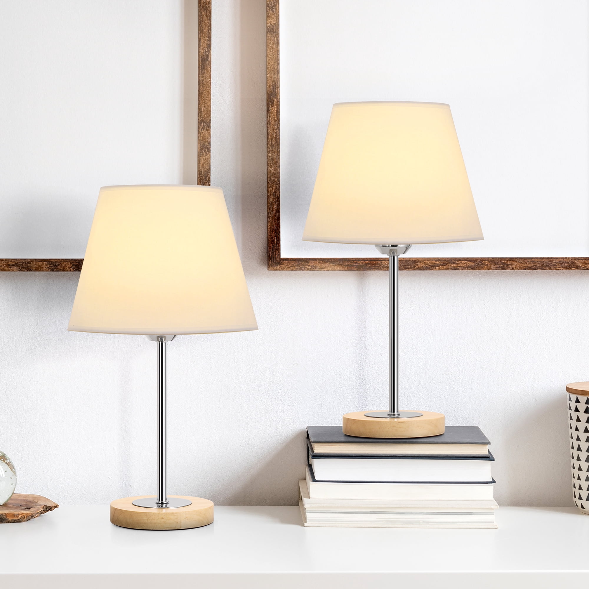 Small Table Lamps Set for Bedroom, Wood Desk Lamp with White Fabric Shade for Dresses, Nightstand, Bedside, Coffee Table in Living Room, College Dorm, Baby Room, Sliver