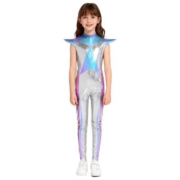 TiaoBug Girls Alien Jumpsuit Holographic Full Bodysuit Shiny Metallic Cap Sleeves Gymnastics Unitards for Kids Silver 6