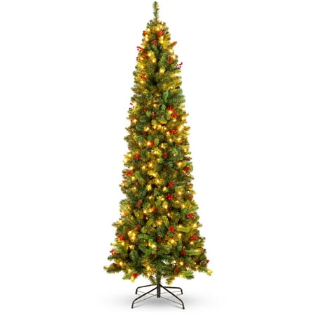 Best Choice Products 9ft Pre-Lit Pencil Christmas Tree Pre-Decorated Holiday Accent w/ 1,298 Tips, 460 Lights, Base