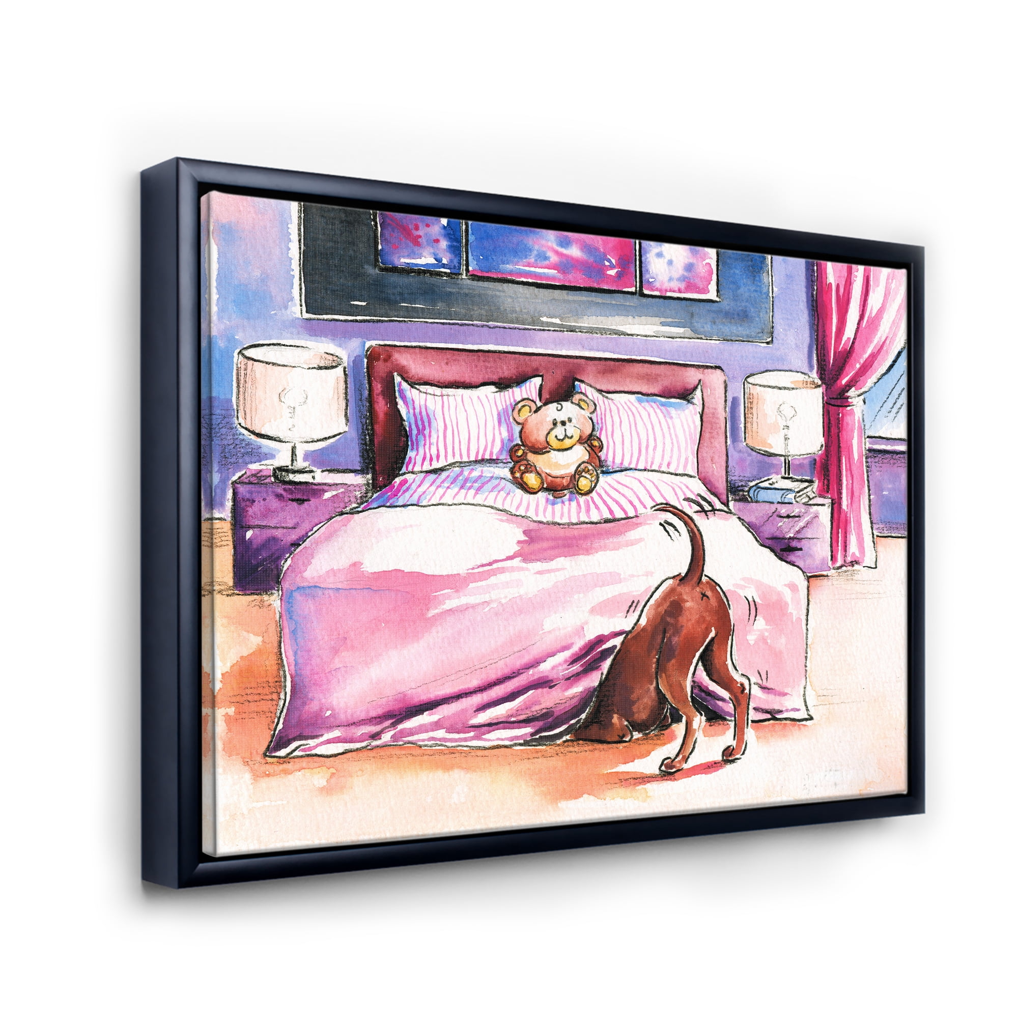 Designart 'Brown Dog Looking Under the Bed and Teddy Bear' Farmhouse Framed Canvas Wall Art Print