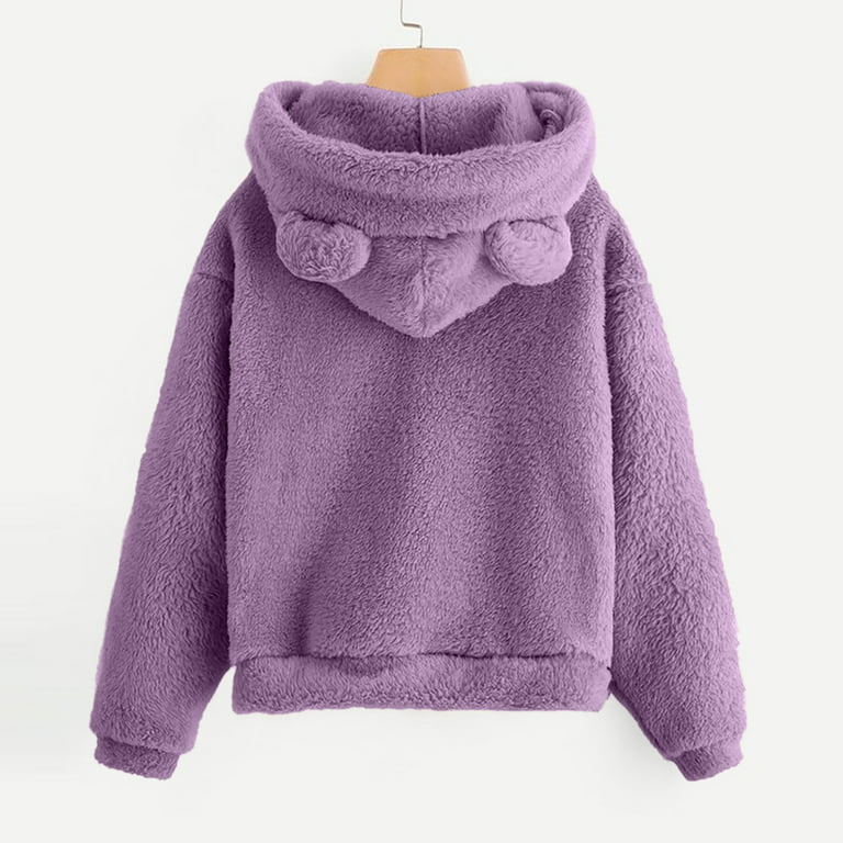 Varsity Fluffy Wubby Teddy Bear Sherpa Fleece Sweater Jacket Hooded, XL / Pink
