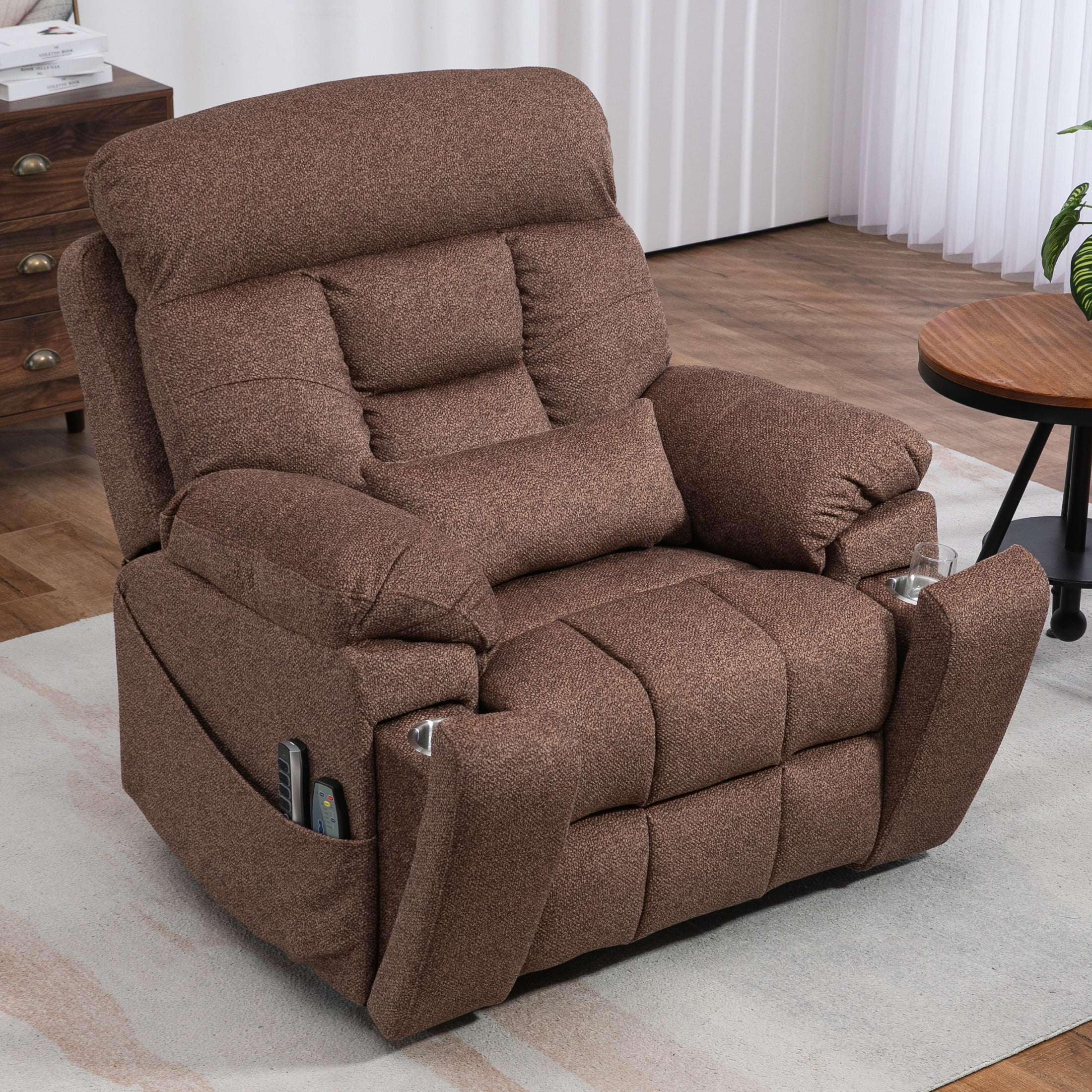 SYNGAR Power Lift Recliner Chair for the Elderly, Oversized Recliner with Massage and Heat, 2 Hidden Cup Holders, Side Pockets, 26" Width of Seat, 4 Motor, Reclining Chair, Brown