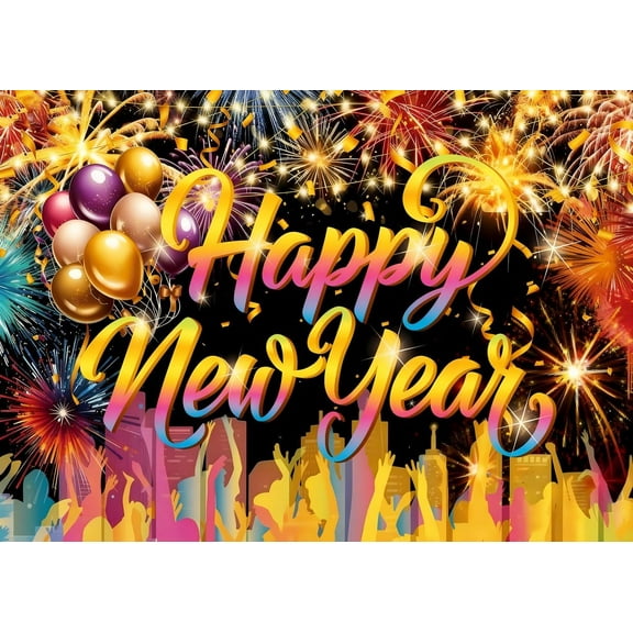 6x4FT Happy New Year Backdrop Colorful Fireworks Cheers to New Year Photography Background Rainbow City Skyline Balloons New Year Eve Party Decorations Banner Supplies Photo Booth Props