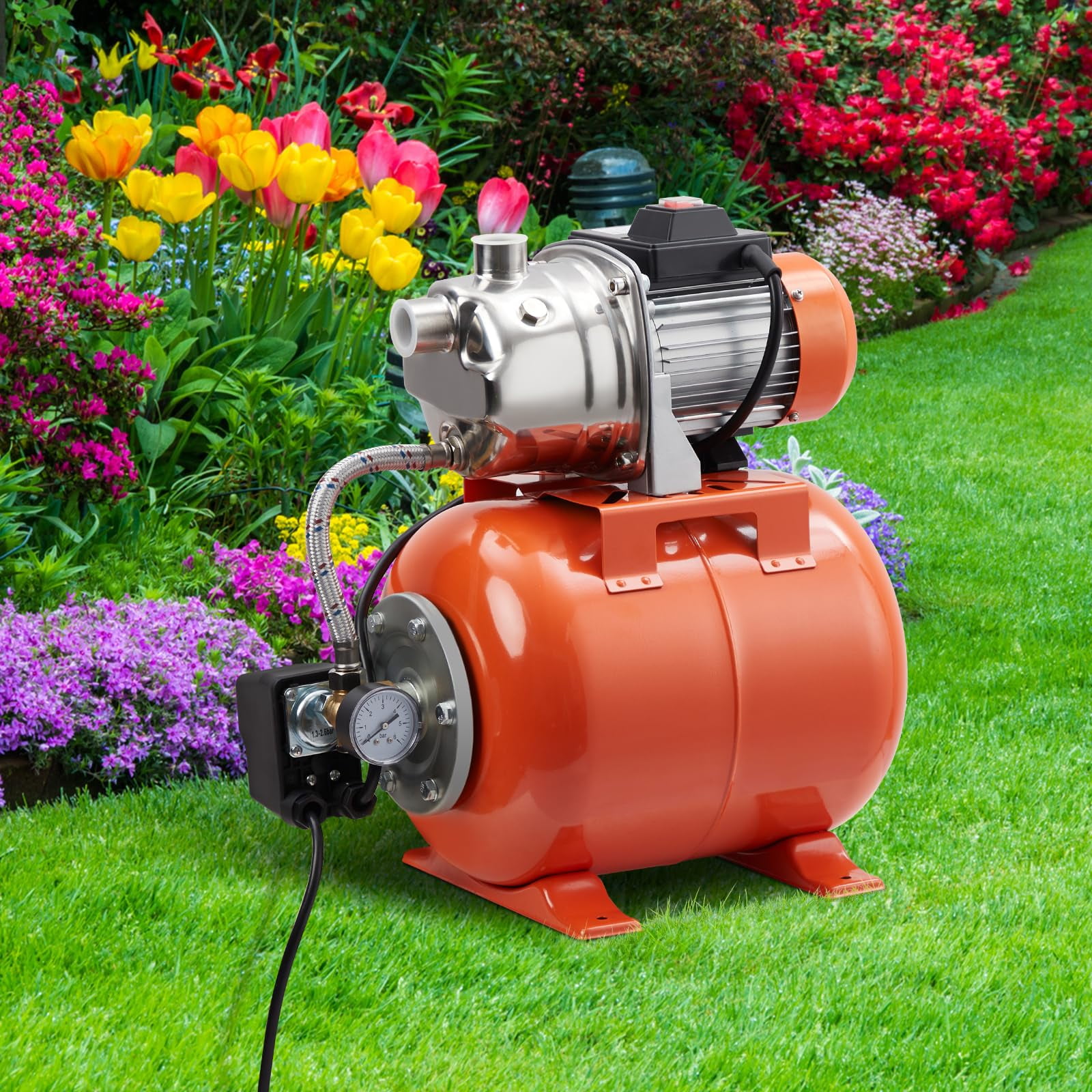 1HP Shallow Well Pump With Pressure Tank, 845 GPH Stainless Steel Shallow Well Jet Pump, 115 V Water Pump With Automatic Pressure Switch, Water Transfer Pumpfor Garden, Pool, Well, Irrigation