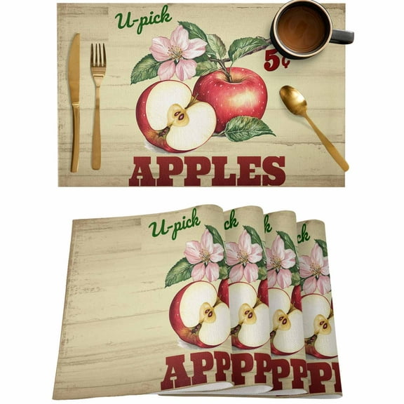 Red Apples Farm Fruit Placemats Set of 4,Wipeable Washable Table Mats for Dining Tables,Vintage Flower Leaves Place Mats for Kitchen Event Party Tabletop Decor