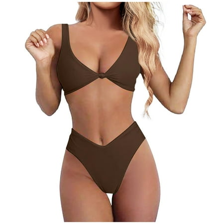 Lojoutye 2025 Bikini Set for Women Sunflower Bathing Suits for Women Bikini Solid V Neck Knot Bathing Suit with Underwire Bra Support Front Push Up High Ladies Swim Shorts Long Leg Thong Two Piec