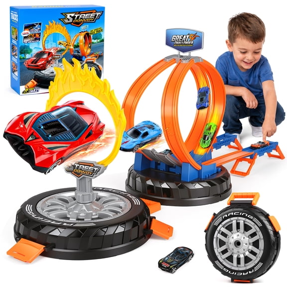 Flooyes Stunt Race Car Track Set Toys, 1:64 Scale Vehicles Playset with Six Alloy Mini Cars and Tire-Shaped Storage Box, Ideal Gift for Kids Boys 3 4 5 6 7 8