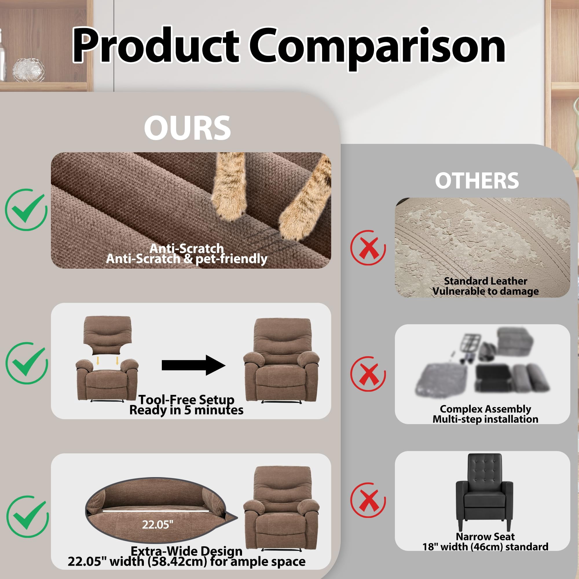 Brown Overstuffed Lounge Chair with Footrest Extra Large Recliner Chair with 22-Inch Wide Seat, Manual Reclining Lounge Chair with Footrest, Comfortable Living Room Accent Recliner