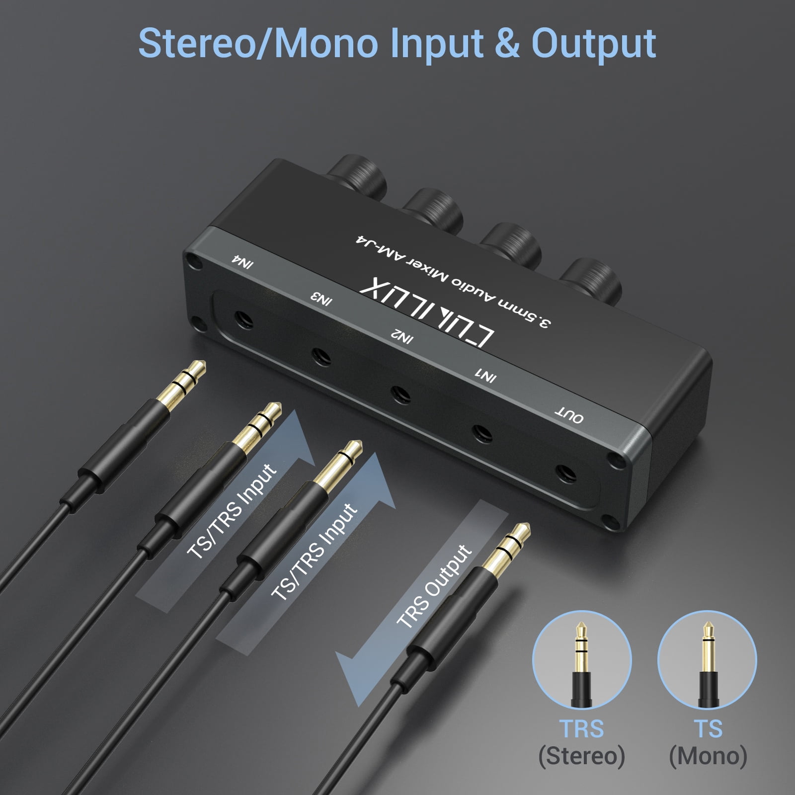 Cubilux 4-Channel Mini Audio Mixer with 3.5 mm TS/TRS Stereo Input, Aluminum Low-Noise Sub-Mixer for Guitars, Keyboards, Bass
