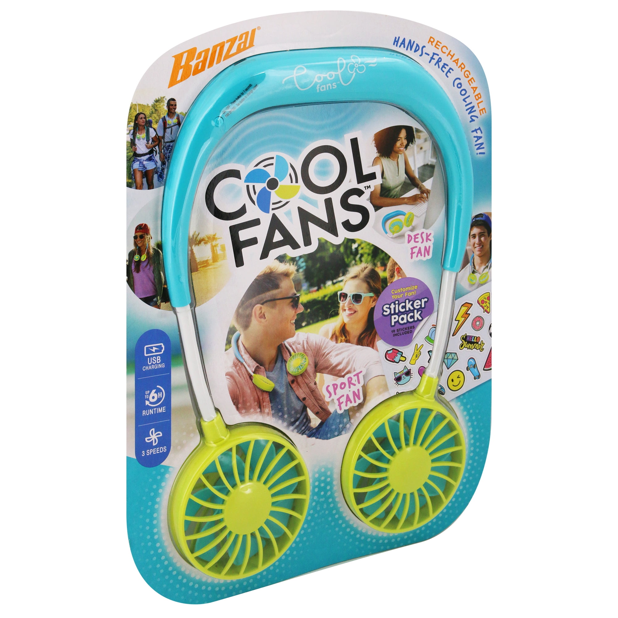 (5 pack) Banzai Wearable, Rechargeable and Personal Cool Fans with 3 Speeds and Sticker Included, Ages 14+