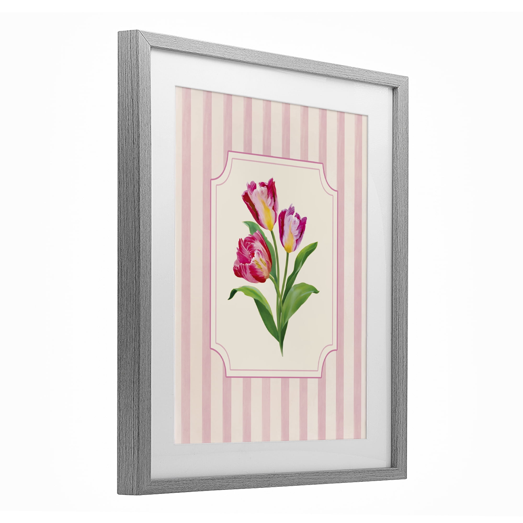 Stupell Industries Magenta Tulips over Stripes Gray Framed Print Under Glass, design by Diane Neukirch