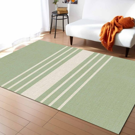 Area Rugs Indoor Non-Slip Rectangle Rug 2x3 Ft Abstract Modem Simple Striped Green Linen Rug Rubber Backing Floor Mats Non Shedding Home Decor Carpet for Entryway Living Room