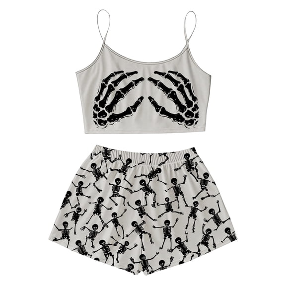 ZHOGXU Women's Halloween Skeleton Print Pajamas Sleeveless Crop Camisole & Shorts Pajama Sets 2 Piece Loungewear Pjs,Grey,XXL