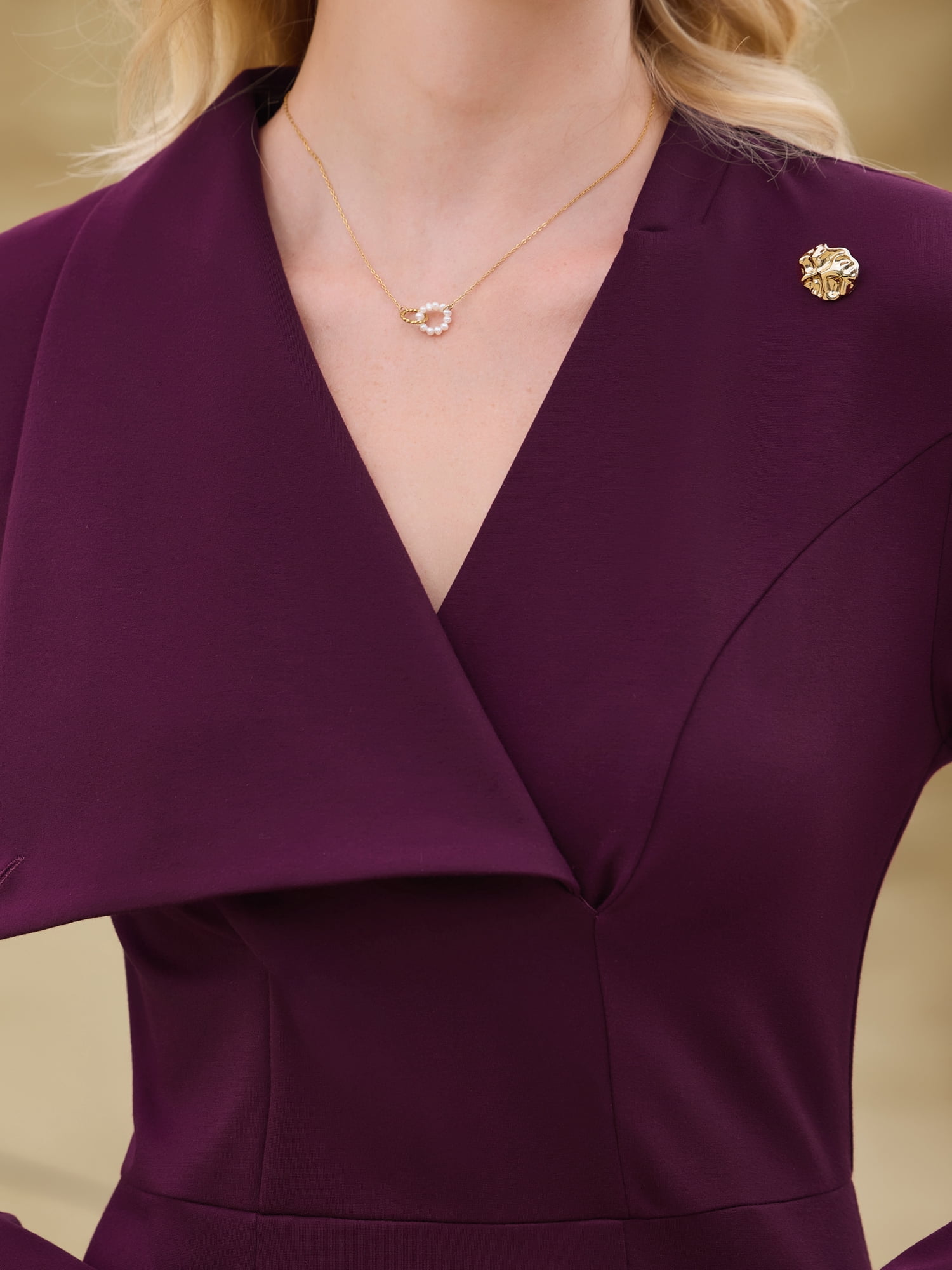 DARING DIVA Women's Elegant Pencil Dress Lapel V Neck Long Sleeve Dress M Purple