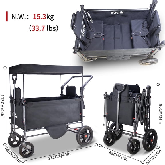 Collapsible Wagon Cart with Side-Opening Seat Conversion, Foldable Utility Wagon Heavy Duty 265 lbs Load Capacity Black